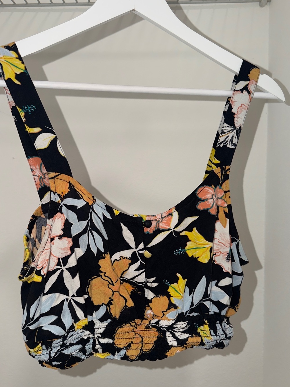 Roxy Black Floral Smocked Crop Top with Yellow & Peach Flowers